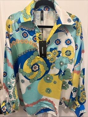 Ventifé Floral Retro Print Button-Up Shirt - Yellow, Aqua, Blue